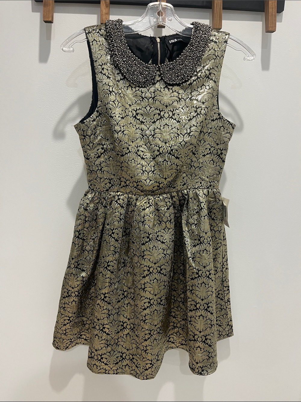 Ina Gold and Black Jacquard Party Dress with Beaded Peter Pan Collar